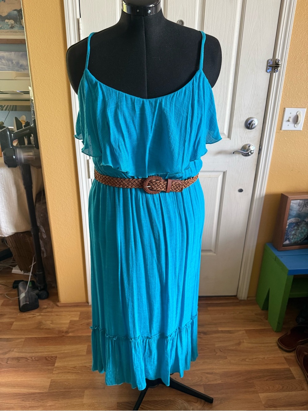 BCX Teal Spaghetti-Strap Ruffle Maxi Dress